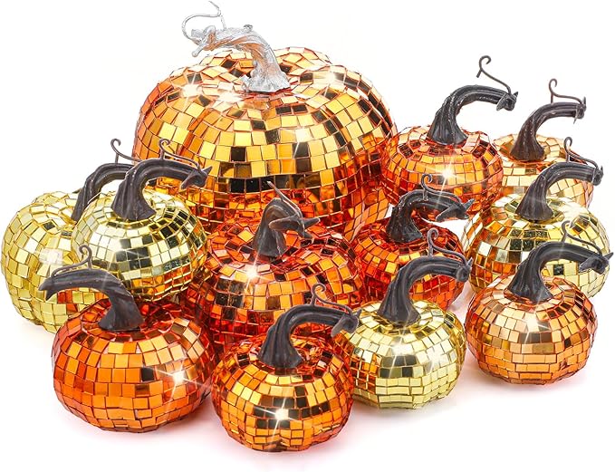 Lenwen 12 Pcs Artificial Disco Pumpkin Glitter Mirror Pumpkin for Decorating Fall Farmhouse Hanging Ornament Harvest Decor for Halloween Thanksgiving Table Centerpiece(Orange, Gold, Dark Gold)