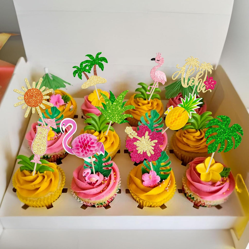 Gyufise 32Pcs Tropical Cupcake Toppers Glitter Luau Cake Topper Aloha Cupcake Picks Pineapple Flamingo Cupcake Decorations for Hawaiian Theme Baby Shower Birthday Party Supplies Pink Yellow Green