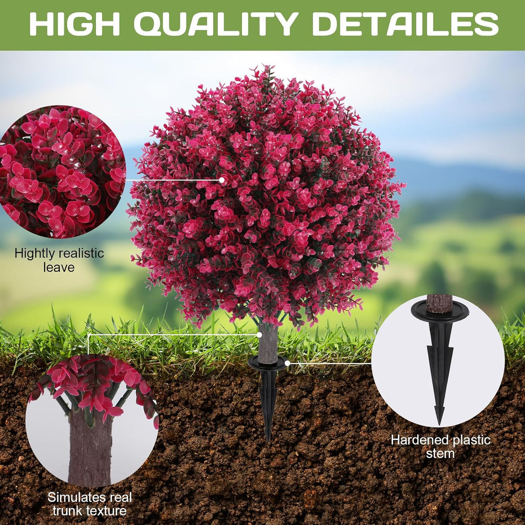 set of 2 artificial red eucalyptus topiary ball, close-up detail