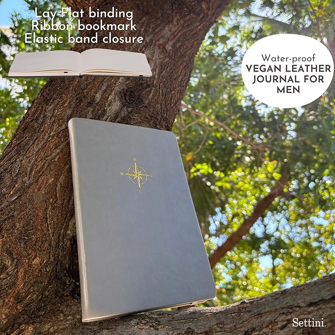 SETTINI Lined Journal, Ideal for Journaling - A5 Vegan Leather Notebook, 192 Archival-Quality Pages, QuillEase Bleed-Free Paper, Inner Pocket & Bookmark - Travel Journal for Men & Women, Grey Compass