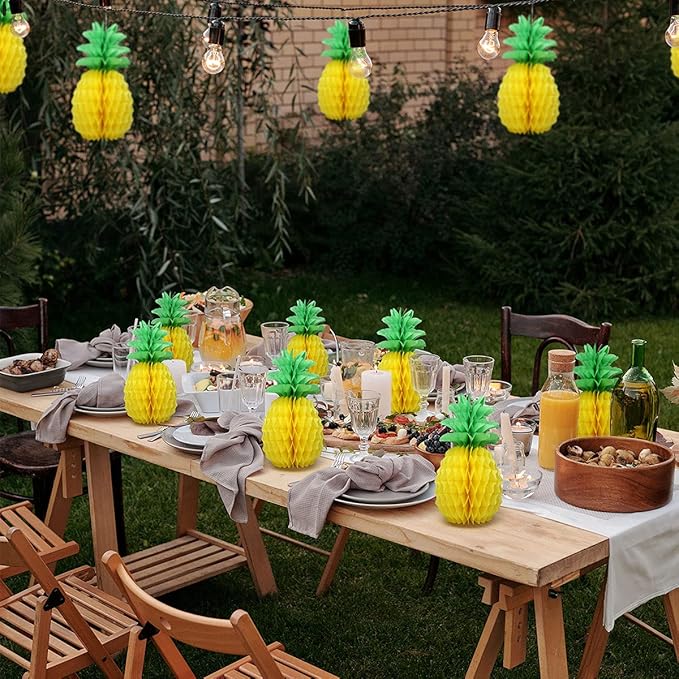 LYART 6 Pcs 14 Inch Pineapple Decorations for Tropical Flamingo Party Summer Hawaiian Luau Party Pineapple Honeycomb Tissue Centerpieces for Tables Hanging Decorations Favors