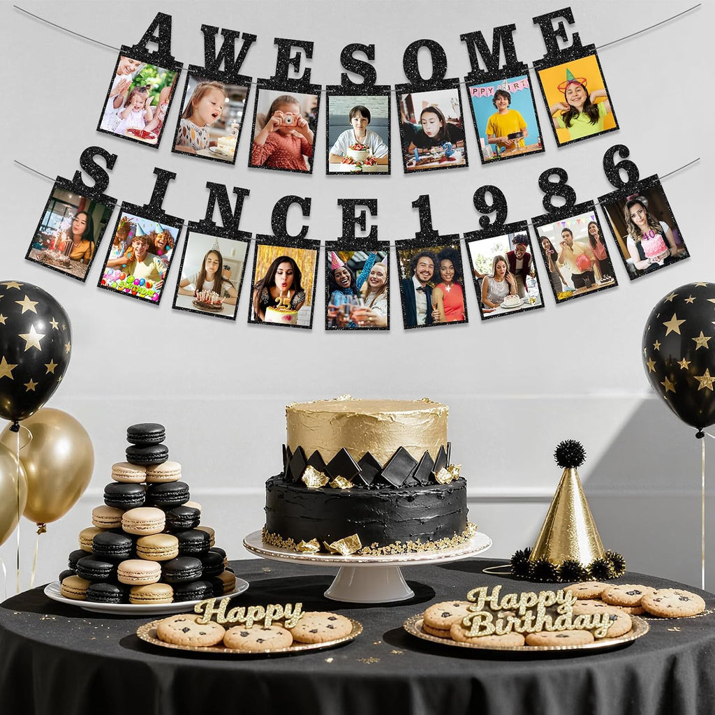 Pre-strung Awesome Since 1986 Photo Banner Birthday Decorations for Women Men - Black Glitter 40th Birthday and Anniversary Decorations Party Supplies