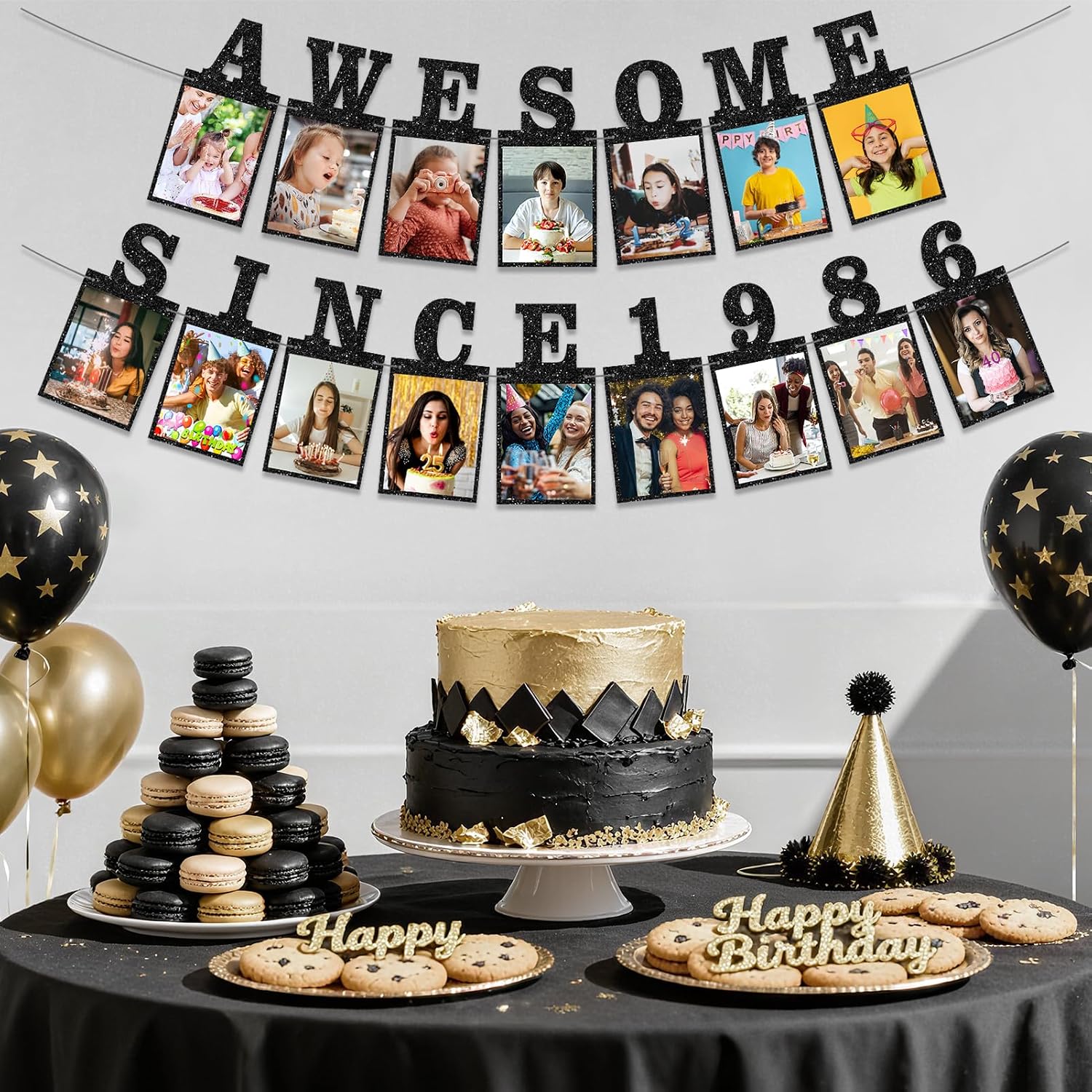 Pre-strung Awesome Since 1986 Photo Banner Birthday Decorations for Women Men - Black Glitter 40th Birthday and Anniversary Decorations Party Supplies