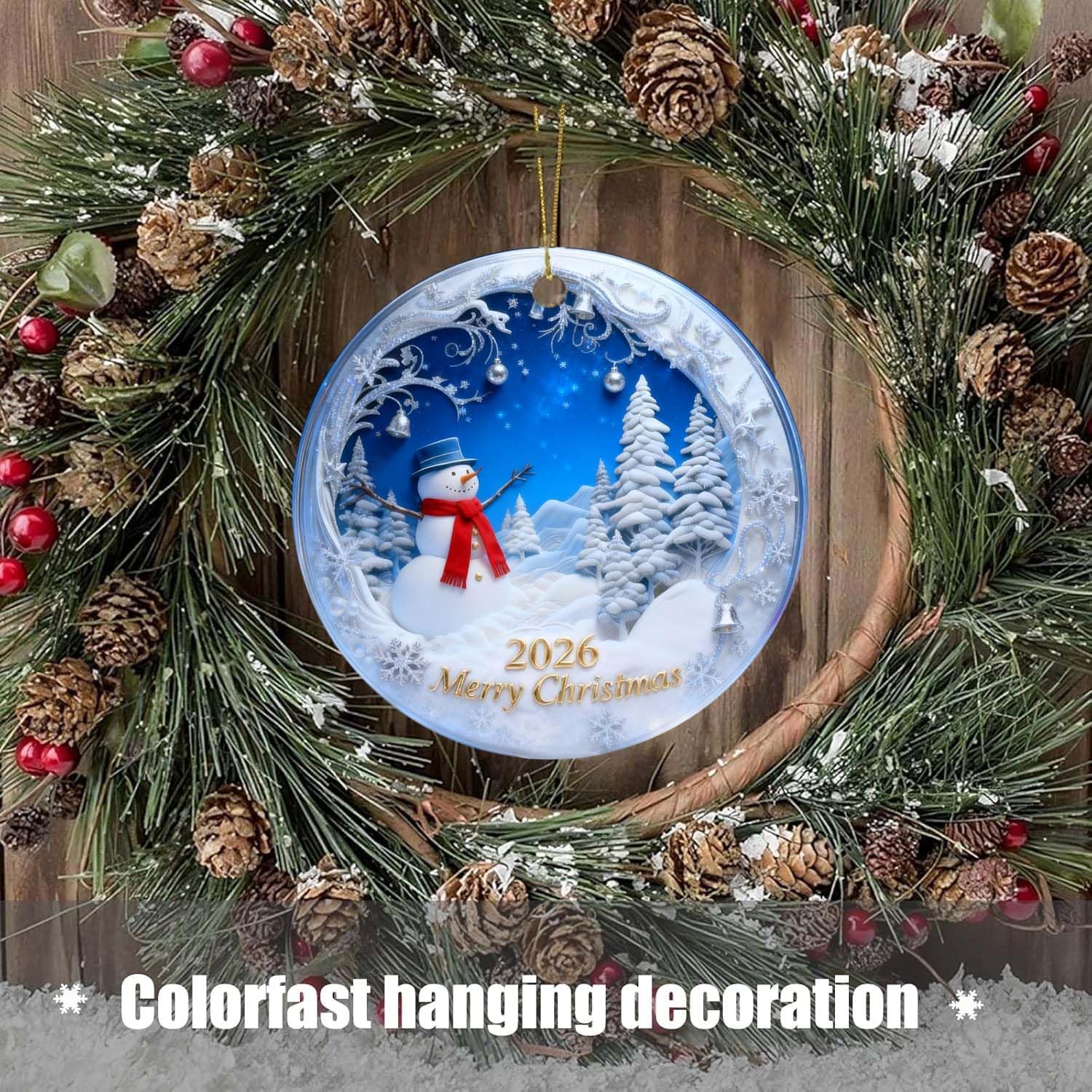 Christmas Ornaments 2026, Snowman Christmas Ornaments, Exchange for Women, Men, Collectible Dated Year Ornaments for Tree, Unique Suncatcher, Printed Stained Ceramic Effect Decor