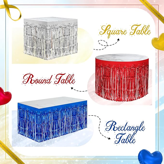 3 Pack Red Dark Blue Silver Table Skirts, 29x108" Metallic Foil Tinsel Fringe Table Skirt for Rectangle Tables Streamer Curtains Backdrop, Party Decorations for Birthdays, Weddings, Holidays