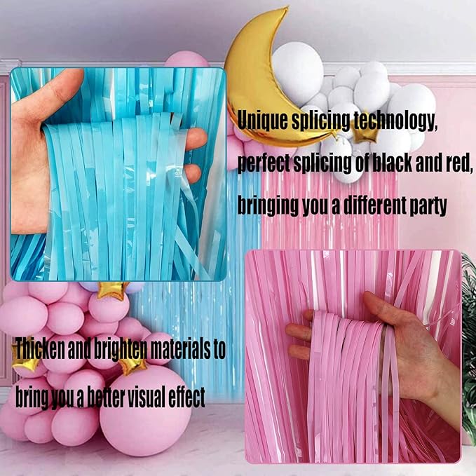 4 Pack Macaron Pink Blue Foil Fringe Curtain Backdrop, 3.28Ft x 8.2Ft Metallic Tinsel Foil Fringe Streamers for Photo Booth, Wedding Gender Reveal Backdrop Boy or Girl Birthday Party Decoration