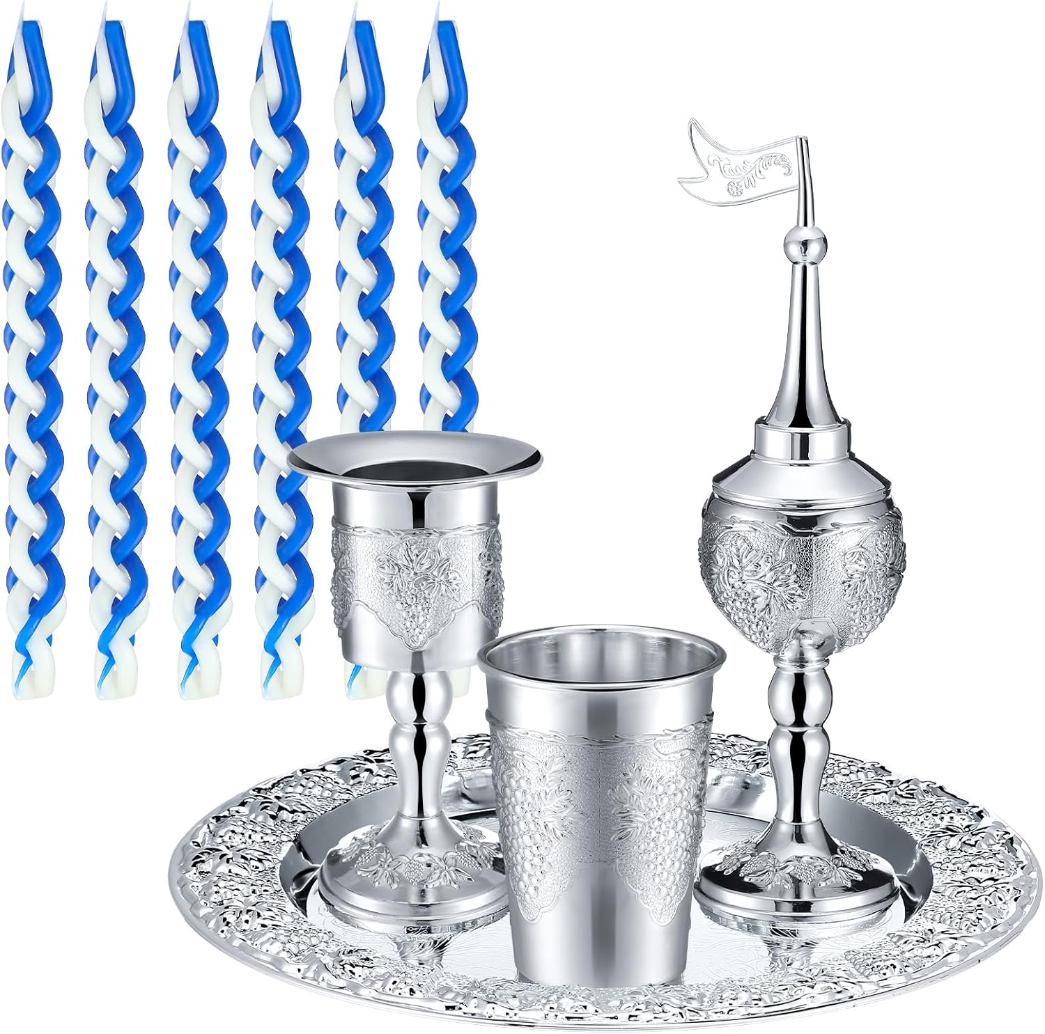 Mumufy 9 Pcs Shabbat Havdalah Set Include Havdualah Candle Holder Kiddush Cup Spice Box Goblet Silver Plate with 5 Pcs Havdalah Candle for Shabbat Judaica Decoration