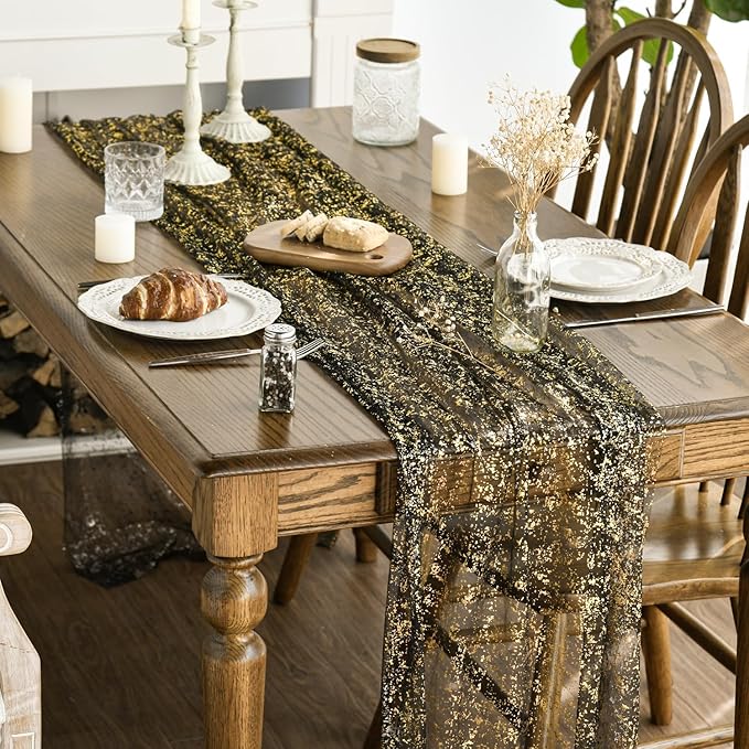 Artoid Mode 3Pcs Black Gold Gauze Table Runner 120 Inch 10FT, Glitter Metallic Foil Sheer Dining Wedding Anniversary Holiday Birthday Table Decor for Home Party