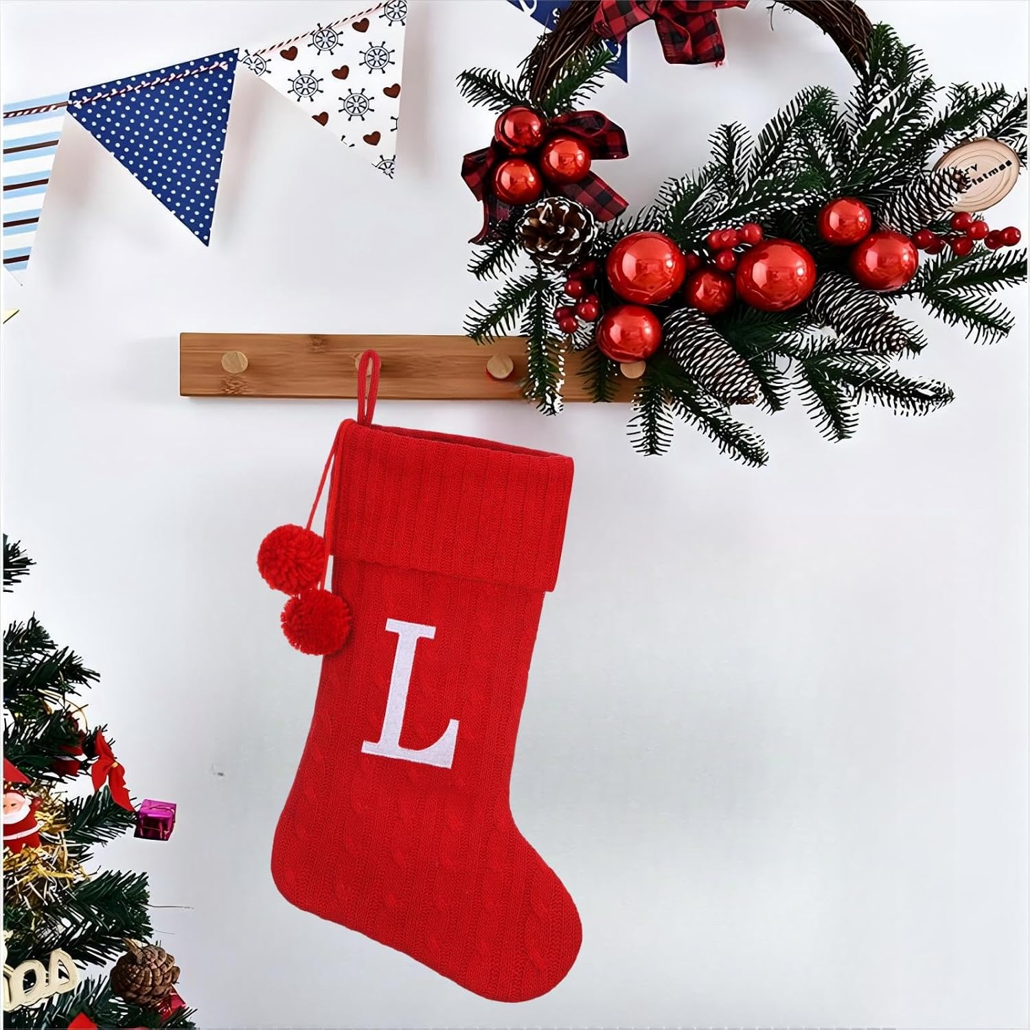 Personalized Christmas Stocking 19 Inch - Red Cable Knit with Monogram Embroidery & Pom Poms, Family Fireplace Hanger for Holiday Decor, Red Letter J