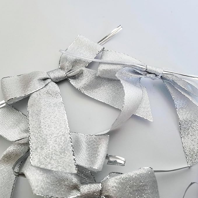50pcs 3-1/2" Metallic Silver Glitter Ribbon Bows with Twist Ties for Gift Wrapping Packing Christmas Big Bows for Holiday Decoration (Silver)