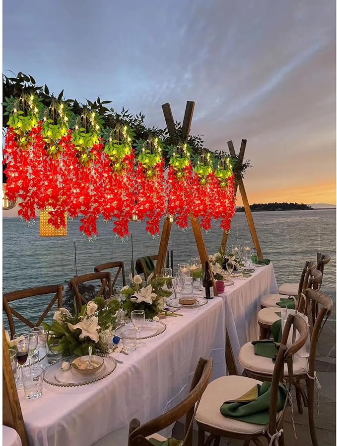 12 Pack Red Wisteria Hanging Flowers Garland with Lights, 3.44 Feet Artificial Flower Vines, Fake Wisteria, Artificial Vines Hanging Garland for Backdrop Outdoor Patio Garden Decor