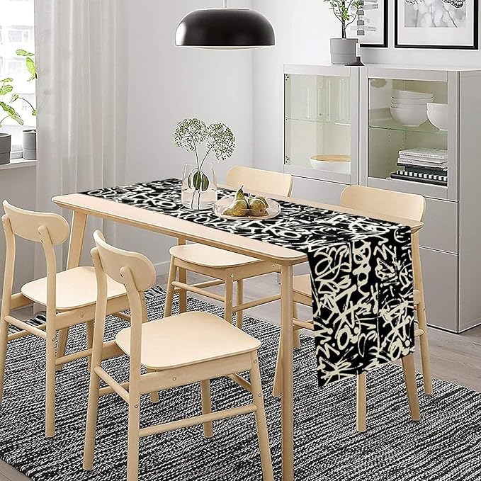 Graffiti Table Runner,Black White Abstract Messy Art Theme Pattern Print Tablecloth Burlap for Hotel Indoors Outdoor Dining Room Kitchen Home Decor,W13X L108 in