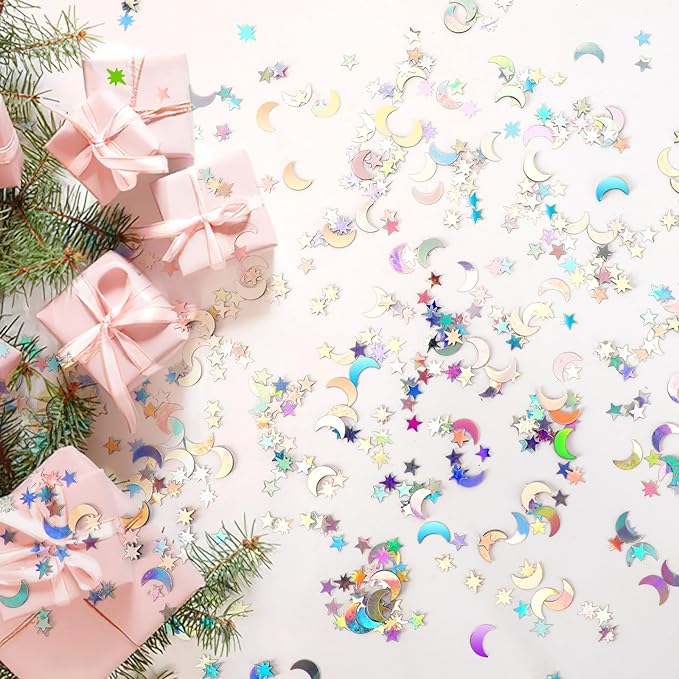 MARFOREVER Holographic Star Moon Confetti, Glitter Birthday Star Scatter Table Confetti Iridescent Sequins Sprinkles Metallic Foil Moon Stars for DIY Wedding Festival Party Decorations(10 mm, Silver)