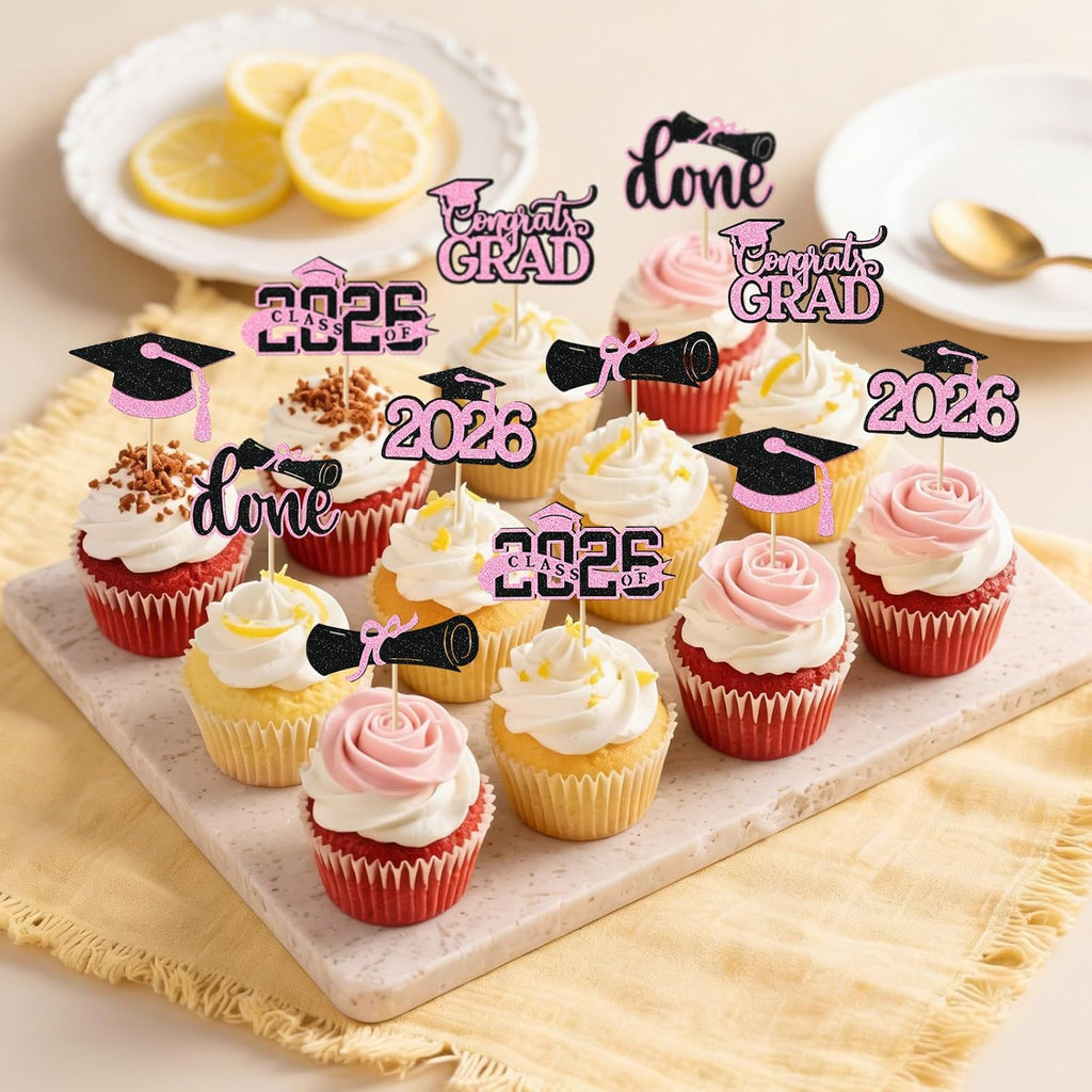 Pink Graduation Cupcake Toppers 2026, 36pcs Glitter Class of 2026 Cupcake Toppers for Graduation Party Decoration Grad Cap Diploma Done Congrats Grad Picks for Food Dessert Party Supplies