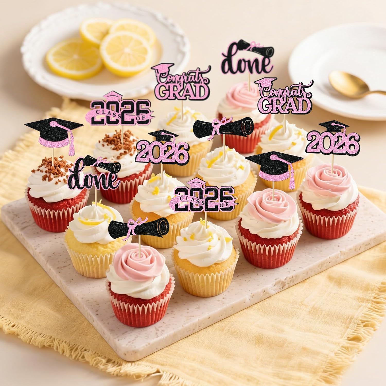 Pink Graduation Cupcake Toppers 2026, 36pcs Glitter Class of 2026 Cupcake Toppers for Graduation Party Decoration Grad Cap Diploma Done Congrats Grad Picks for Food Dessert Party Supplies