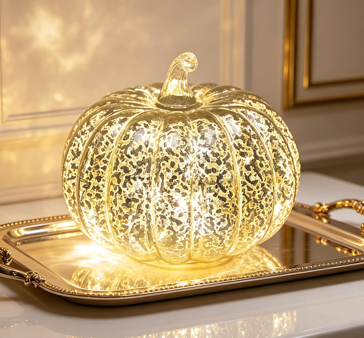 Fall Decorations for Home,Mercury Glass Pumpkin Lights with Timer(Silver)