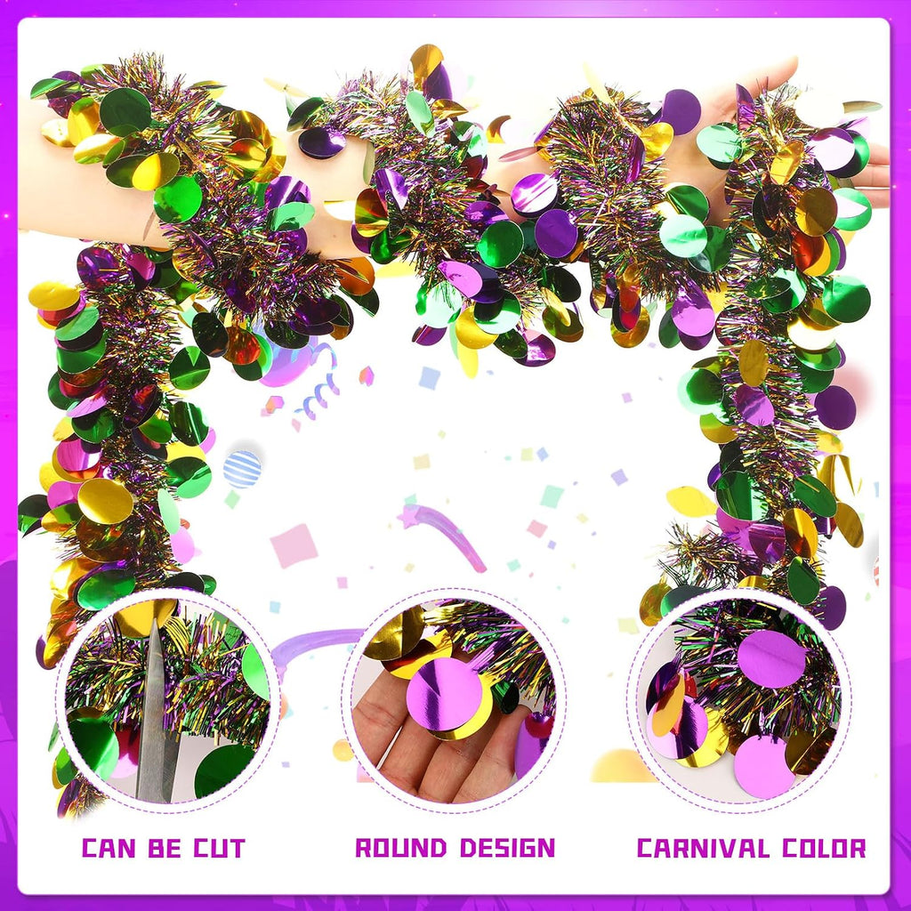 MARFOREVER Mardi Gras Tinsel Garland Mardi Gras Decorations Purple Green Gold Metallic Twist Garlands Carnival Hanging Ornament for Carnival Party Indoor Outdoor Home Supplies Decor, 3 Pcs 19.7 FT