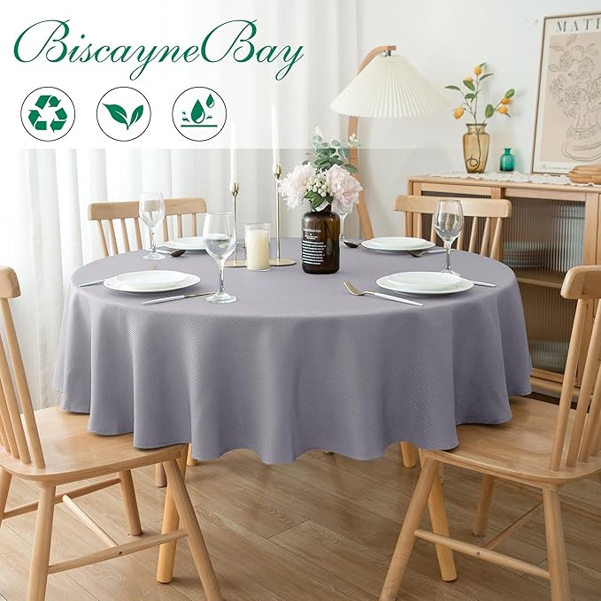 Biscaynebay Textured Fabric Round Tablecloths 70", Silver Grey Water Resistant Table Cloth Circle Folding Table Covers for Dining, Kitchen, Wedding, Parties etc Machine Washable