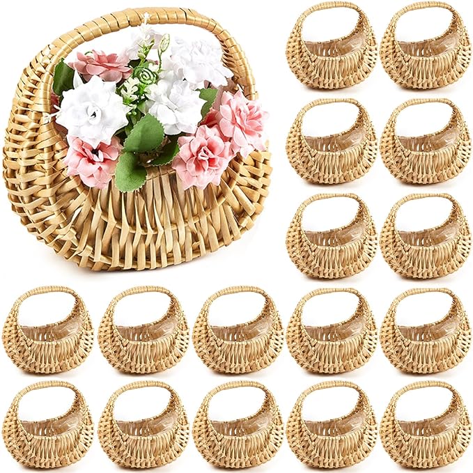 Taiyin 18 Pack Rattan Flower Girl Basket Small Half Moon Straw Wicker Basket with Handle Ideal for Wedding Flower Girl,Picnic,Garden Storage and Home Decor (Nature)