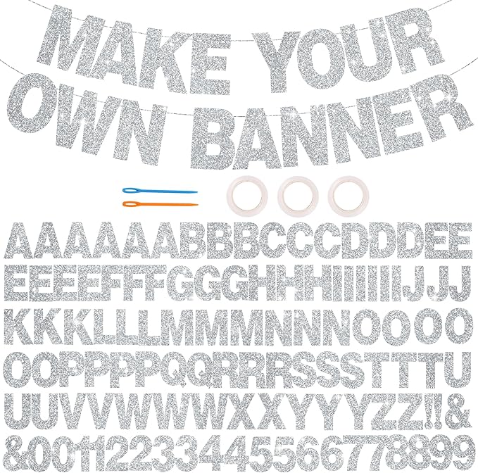 BEISHIDA 116 PCS A-Z Glitter Silver DIY Letter Banner Kit Make Your Own Banner，Including 111 Letters and Numbers 3 Rope and 2 Threading Device,Customized for Birthday Graduation Wedding Party Decor