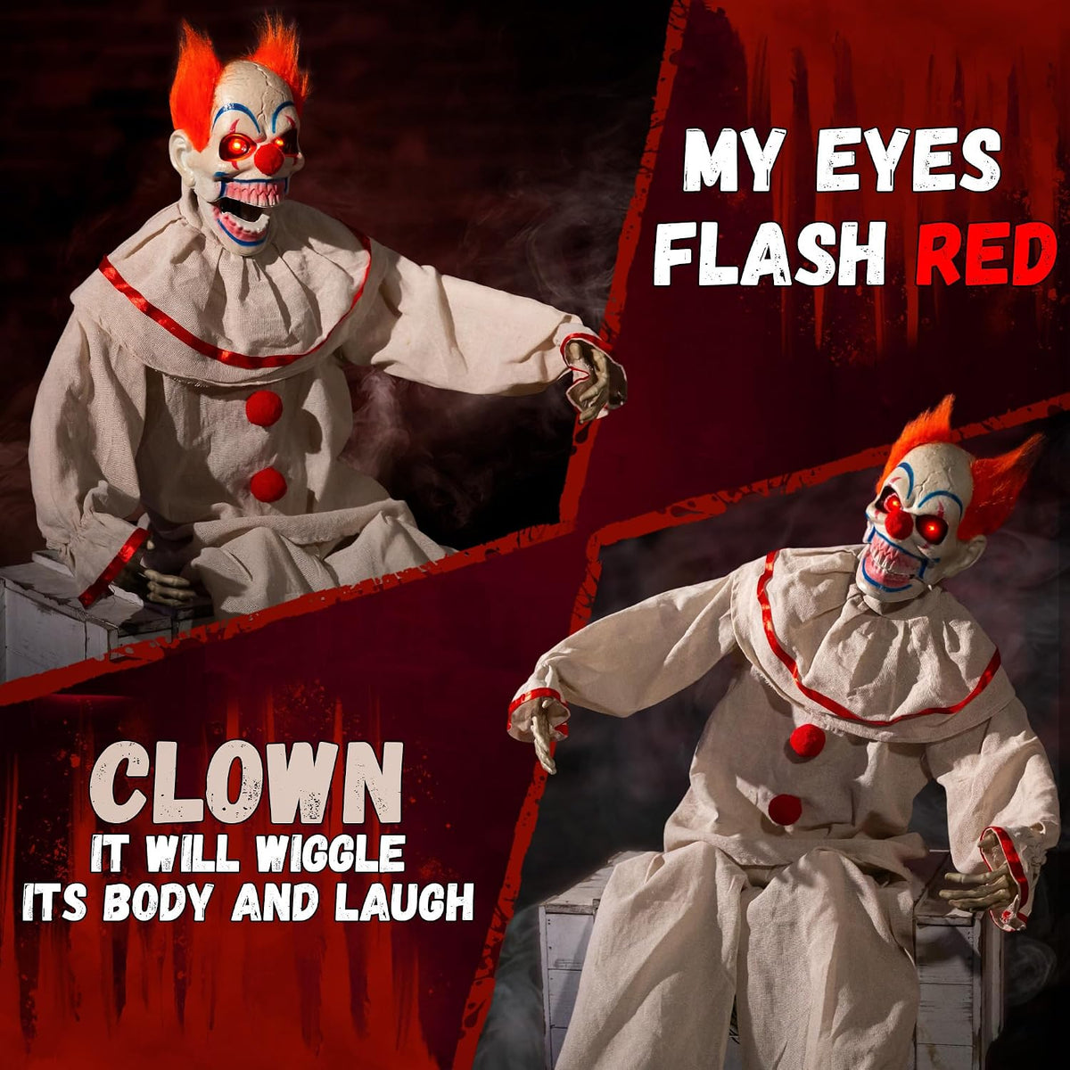 halloween animatronic sitting clown, halloween animated decorations with, close-up detail