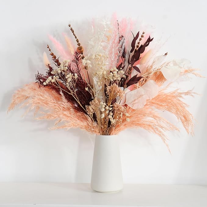 Pink Dried Flowers Bouquet - Pampas Grass, Bunny Tails, Eucalyptus, Lavender - Rustic Boho Decor for Home, Wedding, or Gift - Fluffy Pink Pampas for Flower Vase