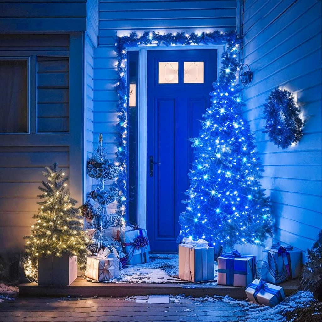 LAMPHOME 2 Pack 50 LED Blue Christmas Lights Outdoor, 16 FT Mini String Lights with 9 Modes & 6 Hour Timer, Waterproof Battery Operated for Indoor Outdoor Patio Garden Party Tree Decoration