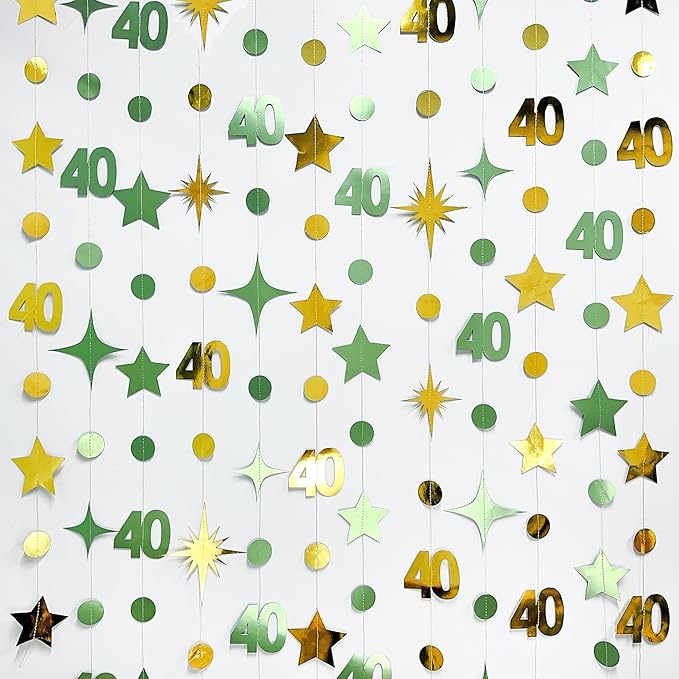 Sage Green Gold 40th Birthday Decorations Number 40 Circle Dot Twinkle Star Garland Streamer Banner Backdrop for Women Mens Cheers to 40 Years Old Birthday Happy 40th Anniversary Party Supplies