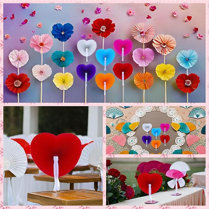 12 Packs Decorative Paper Folding Hand Fans Handheld,Orange Heart Foldable Wedding Fans Chinese and Japanese Fans Bulk for Bridal Guest Church Party Favors Dancing Birthday DIY
