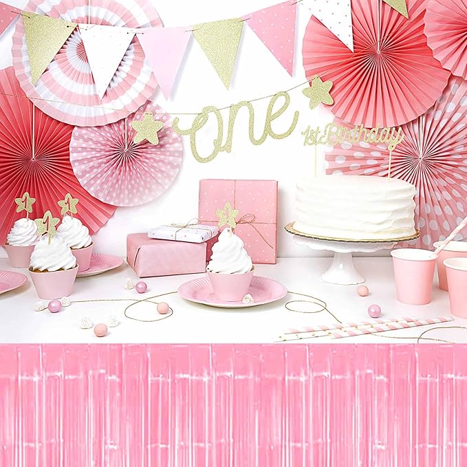 3 Pack 29 x108 Inch Macaron Pink Foil Fringe Table Skirts Metallic Banner for Tinsel Streamer Garland Backdrop for Parade Floats Mother's Day, Graduate, Birthday, Wedding Party Decoration