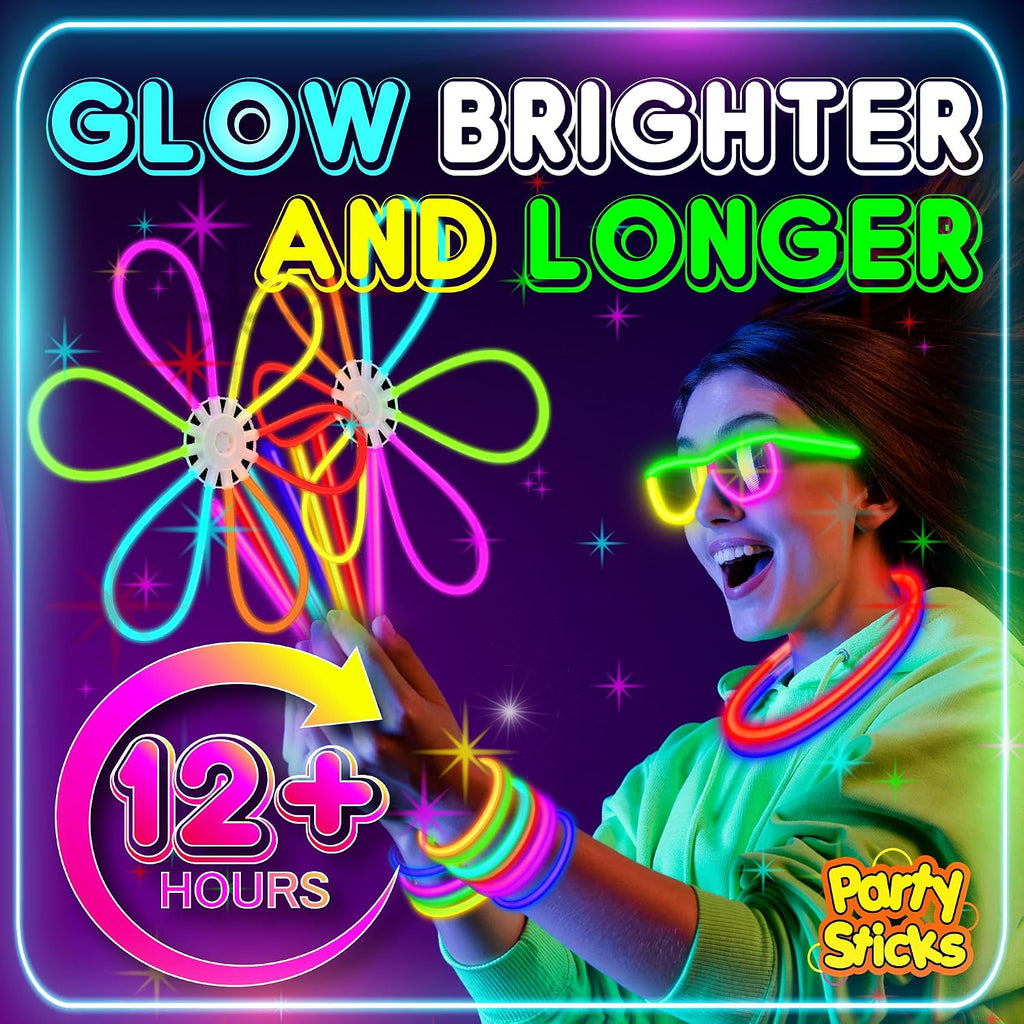 PartySticks Ultra Bright Bulk Party Supplies - Glow in The Dark Glow Sticks with Eye Glasses, Bracelets, and Connectors - Light Up Halloween 4th of July Party Favors