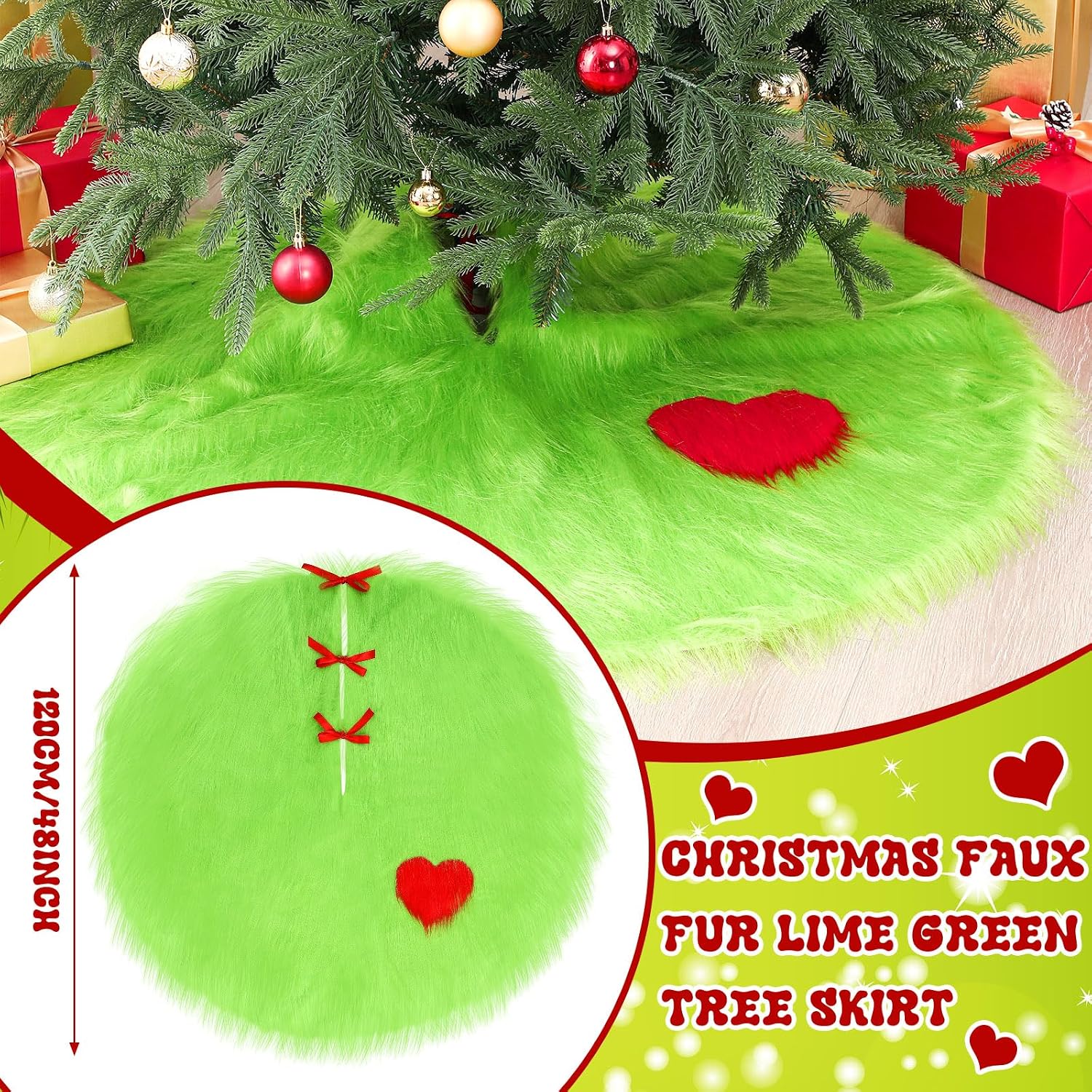 48 Inch Christmas Tree Skirt Lime Green Mat Faux Fur Large Xmas Tree Skirts Christmas Decoration Mat Round Plush Carpet for Holiday Party Decorations Ornament