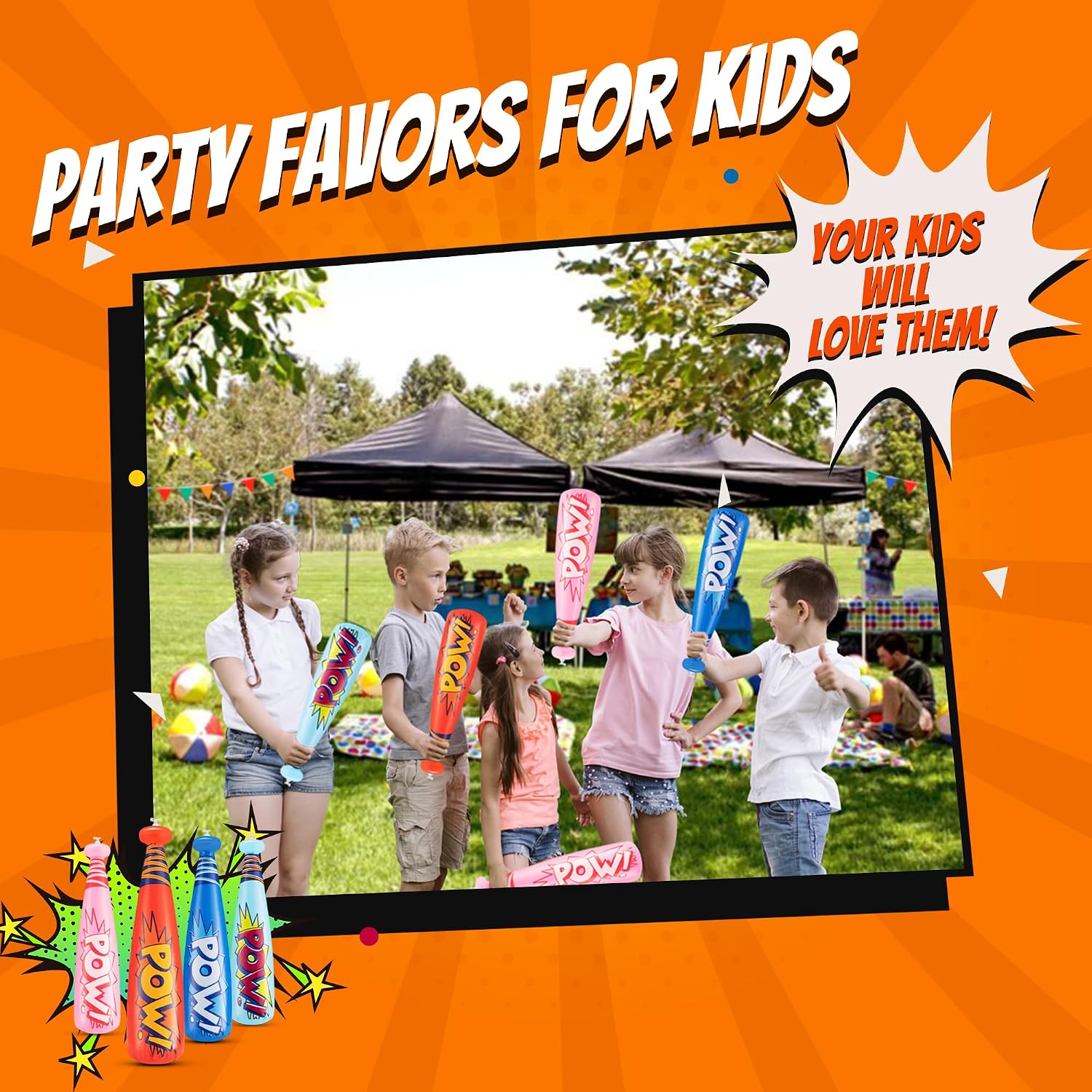 Bedwina Pow Inflatable Baseball Bat - (Pack of 12) 20 Inch Inflatable Toy Bat, Carnival Prizes, Baseball Party Favors Goodie Bag Stuffers, Decorations Party Prizes for Kids