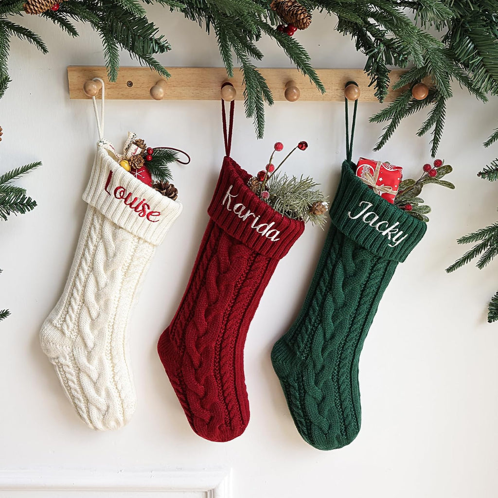 ELEGANTPARK Personalized Christmas Stockings 1 Pack Knit Christmas Stockings with Embroidered Names Red Green White Xmas Decoration for Fireplace Hanging Holiday Decoration for Family Kids 18 Inch