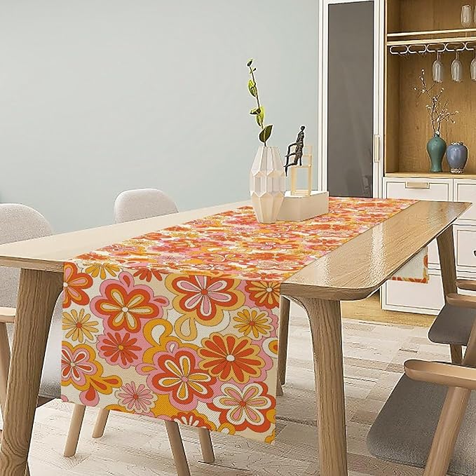 Vintage Floral Table Runner,70s Style Retro Daisies Flower Hippie Table Runner for Kitchen Dining Table Home Party Decoration 13x120 Inch