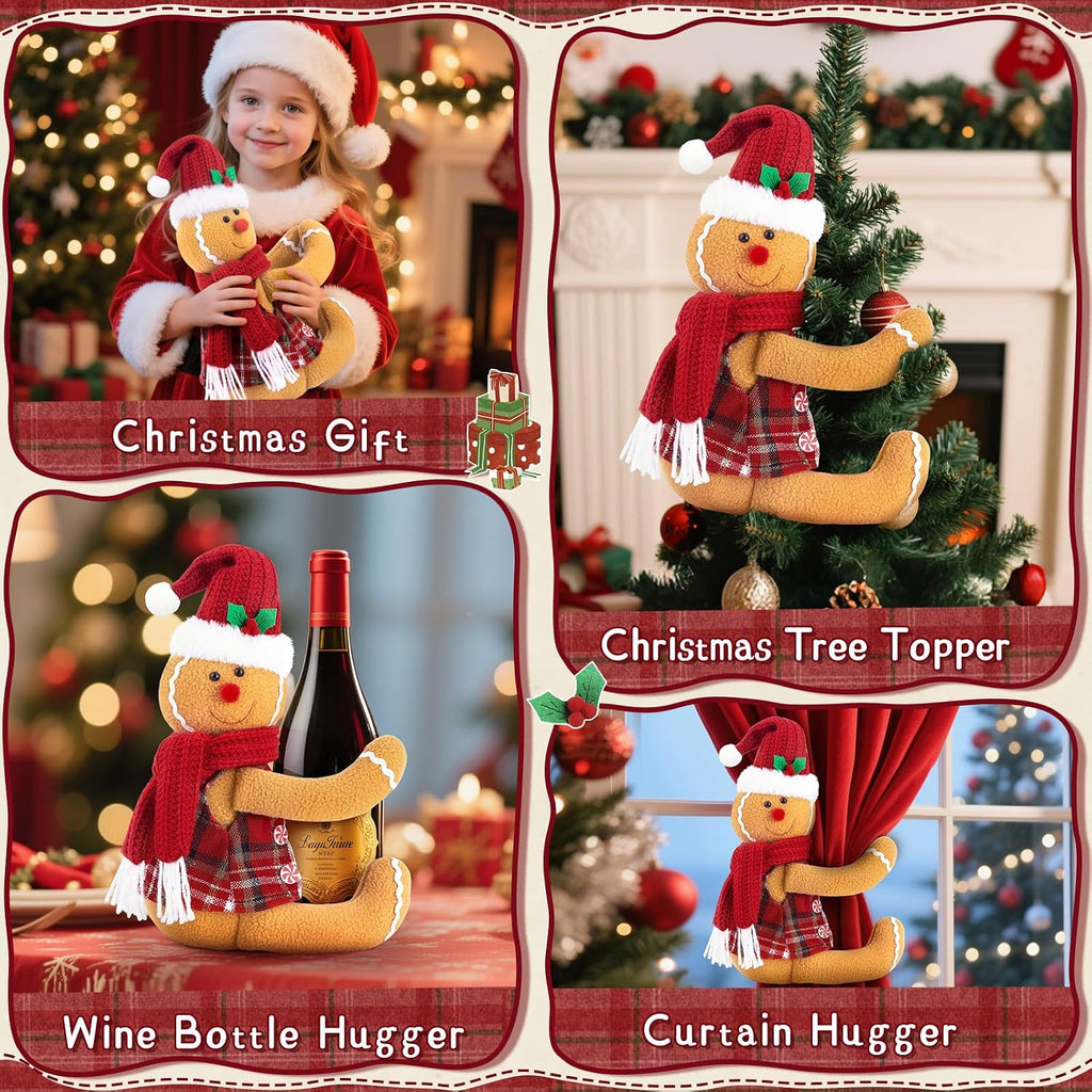 Gingerbread Tree Topper, Cute Plush Stuffed Gingerbread Hugger Decor GingerbreadS Christmas Decorations for Christmas Tree Curtain Wine Bottle Holiday Home Decor