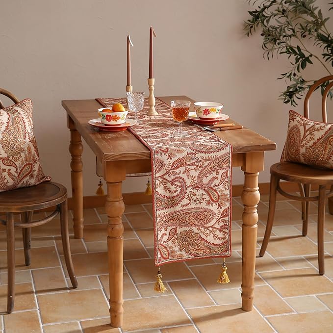 ISAENNE Designer Elegant Red Linen Table Runner 87 Inches Long,Vintage Paisley Pattern Durable Table Runners for Dining Tables,Thanksgiving,Kitchen Tables,Christmas,12"*87"-Chauffrey A