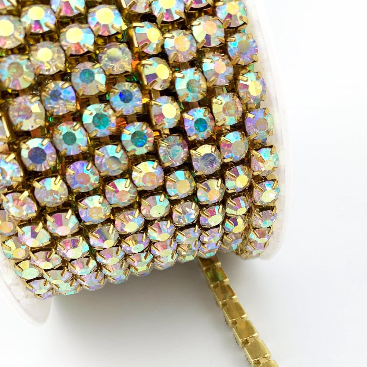 10 yard crystal ab rhinestone close chain clear shown in use
