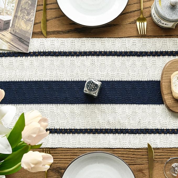 Artoid Mode Dark Blue Farmhouse Woven Rustic Table Runner, Seasonal Holiday Hollow Kitchen Dining Table Decoration for Home Party Decor 12x48 Inch