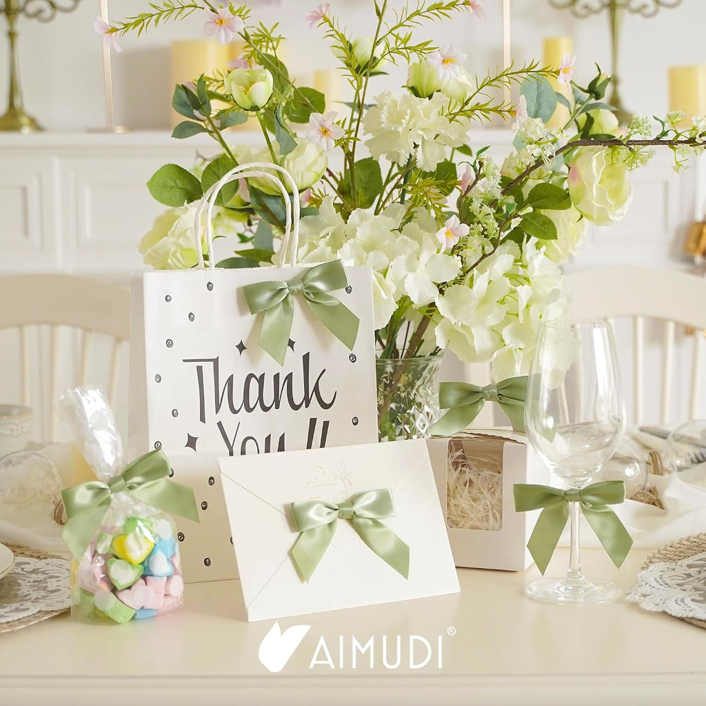 AIMUDI Sage Green Satin Ribbon Twist Tie Bows 3.5" Pretied Bows Premade Bows for Treat Bags Crafts Gift Wrapping Basket Wedding Favors Cookie Candy Bagging Cake Pop Bridal Shower - 50 Counts