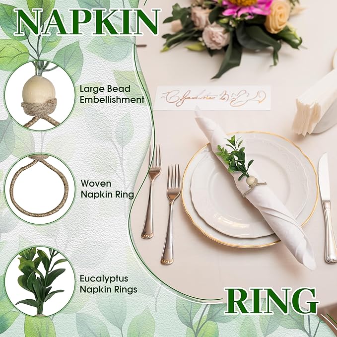 MAOANME Napkin Rings Set of 12, Rustic Eucalyptus Napkin Holder Rings with Wood Bead, Farmhouse Green Leaf Napkin Ring Bulk, Boho Napkin Ring for Wedding, Table Decor