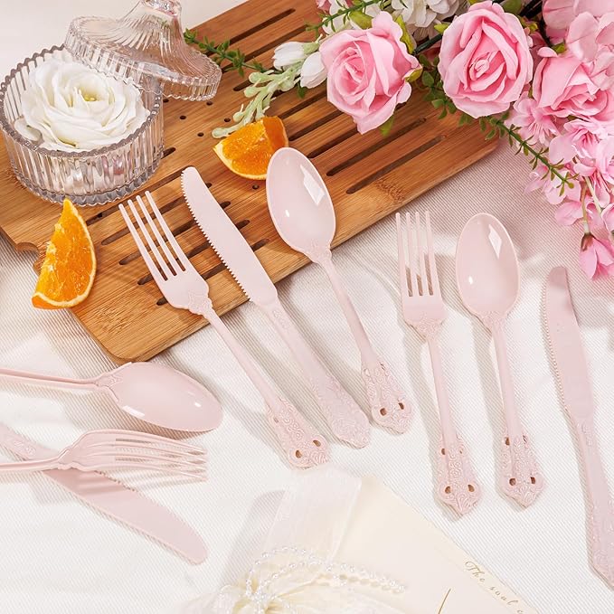 WDF 120 Pieces Heavy Duty Pink Plastic Silverware - Pink Plastic Cutlery Set - Disposable Pink Utensils - Disposable Flatware Includes 40 Forks, 40 Spoons, 40 Knives for Party, Wedding