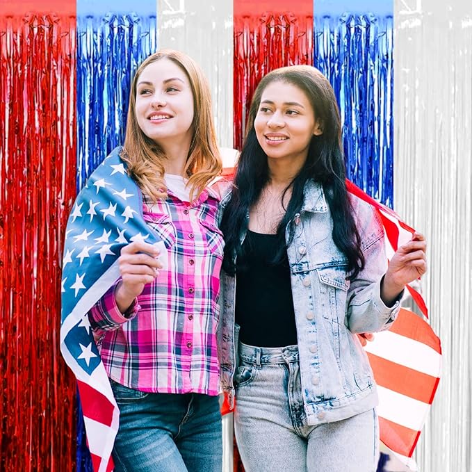 4 Pack Red Blue White Foil Fringe Curtain Backdrop, 3.28Ft x 8.2Ft Metallic Tinsel Foil Fringe Streamers Curtains for Photo Booth, Wedding, Mardi Gras, Birthday, Independence Day Party Decoration