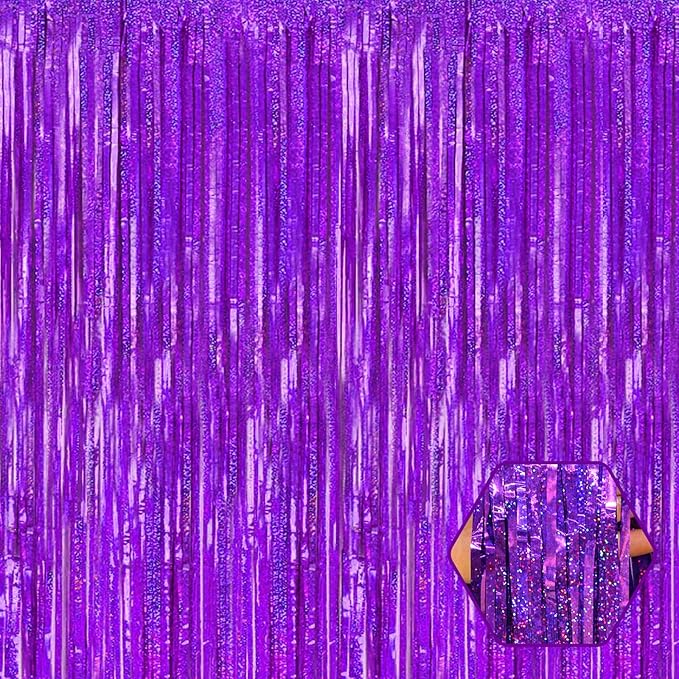 6 Pack Purple Foil Fringe Curtain Backdrop, 3.28Ft x 8.2Ft Metallic Tinsel Foil Fringe Streamer Curtains for Photo Booth, Birthday, Wedding, New Year Party Decorations