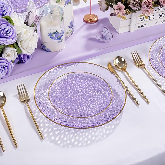 Rubtlamp 100Pcs Plastic Purple Dinner Plates, Heavy Duty 10 Inch Gold Disposable Plates, Hammered Purple Plates with Gold Rim, Fancy Plastic Plates for Weeding Parties