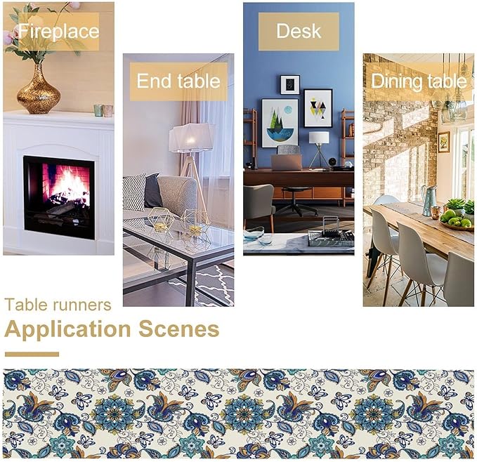 Oriental Paisley Table Runner, Luxury Vintage Blue Teal Floral Butterflies Print Table Runner for Home Dining Kitchen Coffee Table Party Decor, 13x120inch