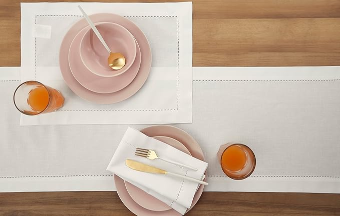 Solino Home White Table Runner 48 Inches - Cotton Linen Hemstitch Coffee Table Runner 14 x 48 Inch Ideal for Dresser Tables - Fall, Autumn, Halloween, Thanksgiving, Christmas, Holiday