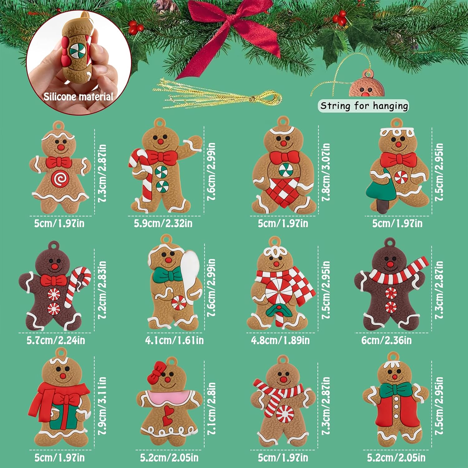 kockuu 12 Pcs Gingerbread Man Ornaments for Christmas Tree, Assorted Gingerbread Figurines Ornaments, Christmas Tree Hanging Decorations, 3 Inch Tall