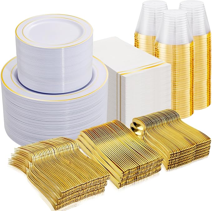 NOCCUR 700PCS Gold Plastic Plates - Gold Disposable Dinnerware Set for 100 - Include 200 Dinner/Dessert Plates, 300 Cutlery, 100 Cups, 100 Napkins, Idea for Wedding/Party/Thanksgiving