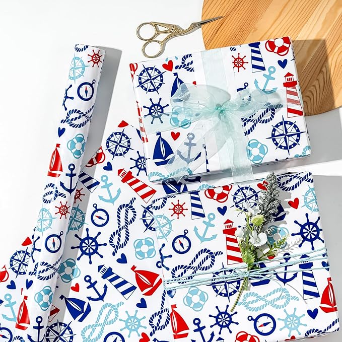 WRAPAHOLIC Nautical Anchors Wrapping Paper Roll - 17 Inch x 33 Feet - Nautical Element Anchor Design Perfect for Birthday, Nautical Beach Decoration, Baby Shower